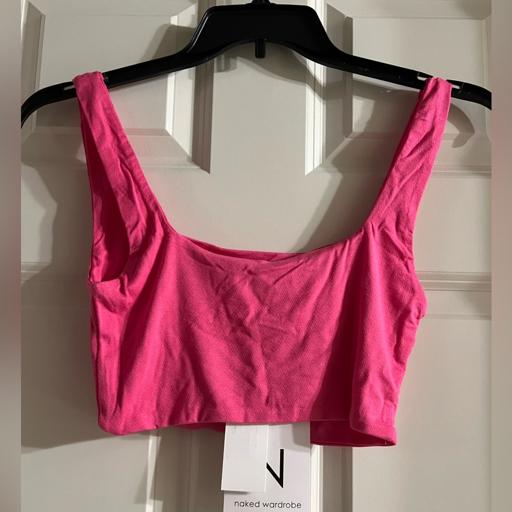 NWT Naked Wardrobe square neck bralette. Crepe knit. Size L. Raspberry pink.